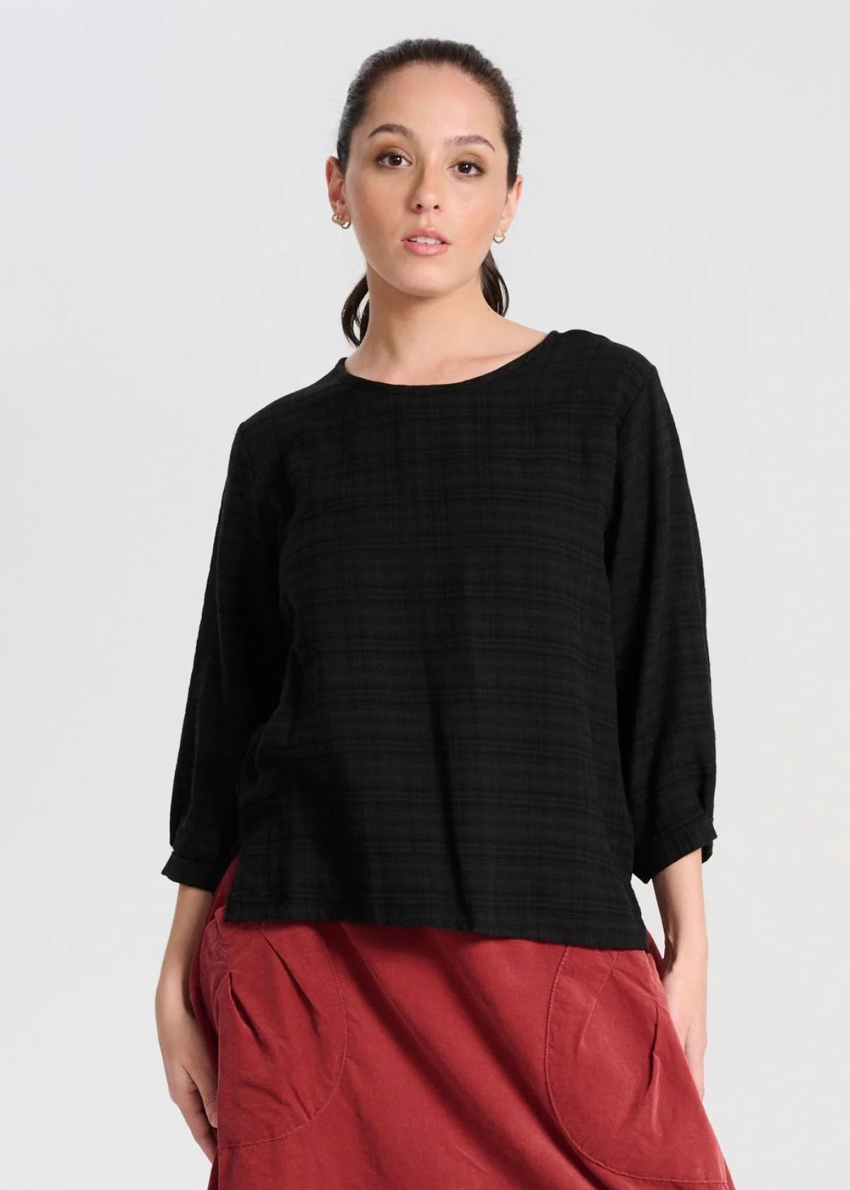 Olga de Polga Ella Chemise Brushed Seersucker Blouse in Black