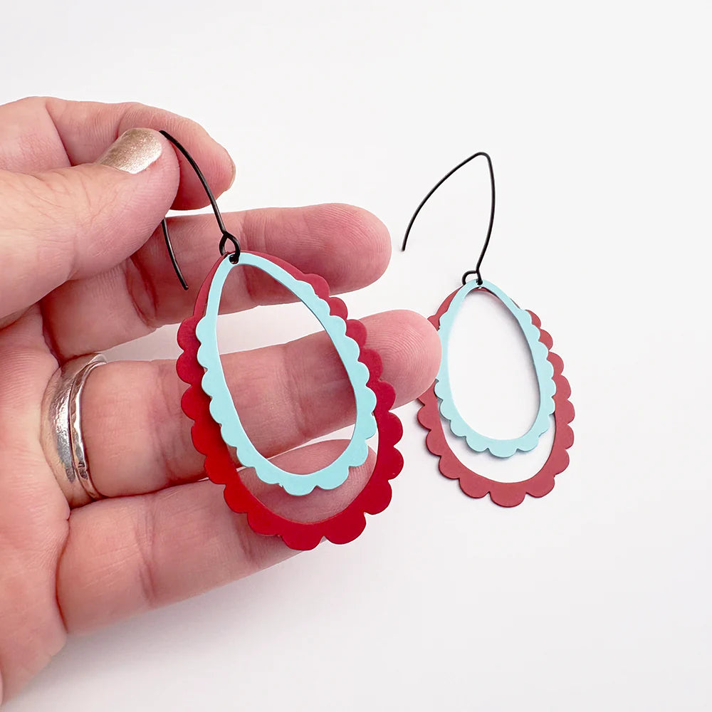 Double Scallop Hoop Earrings- Blue/Red