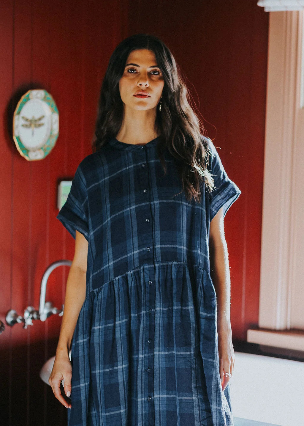 Montaigne Juliette Blue Check Button Up Linen Dress