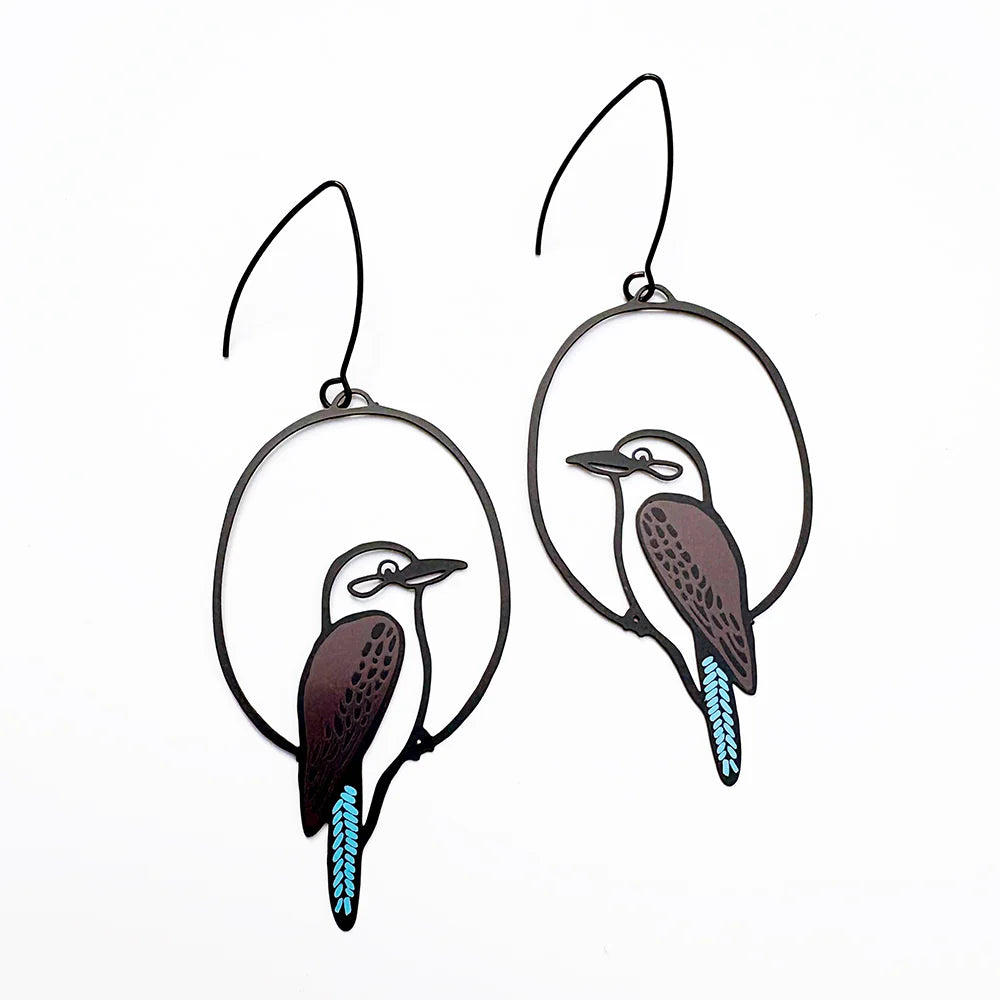 Denz & Co Midi Kookaburra Earrings in Brown/Black/Blue
