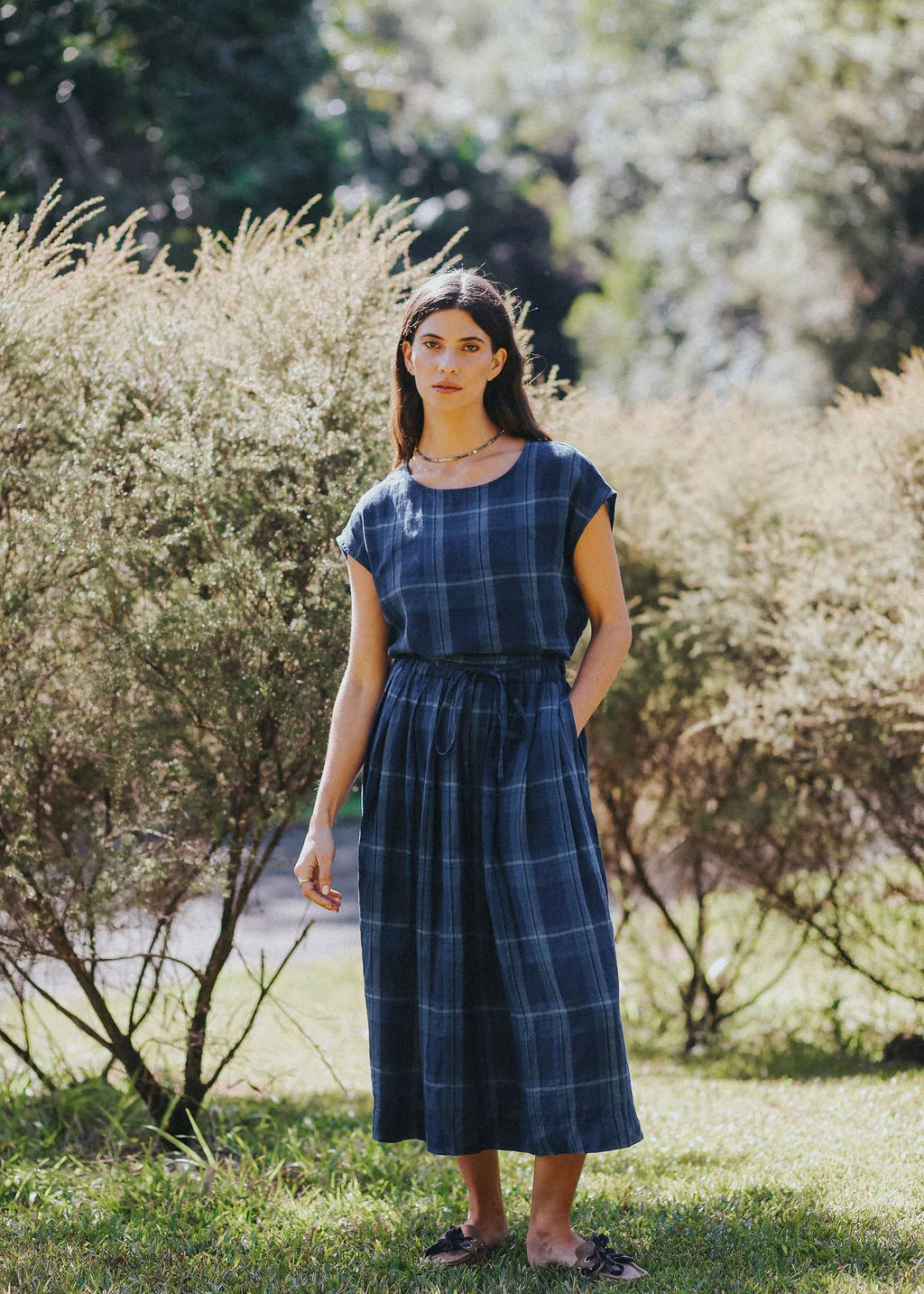 Montaigne Amelie Linen Skirt in Blue Check
