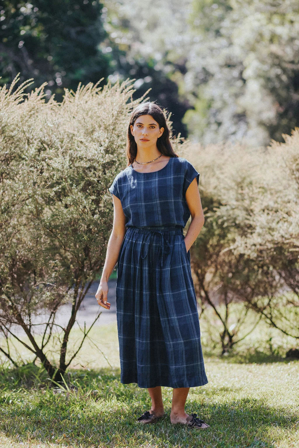 Montaigne Amelie Linen Skirt in Blue Check