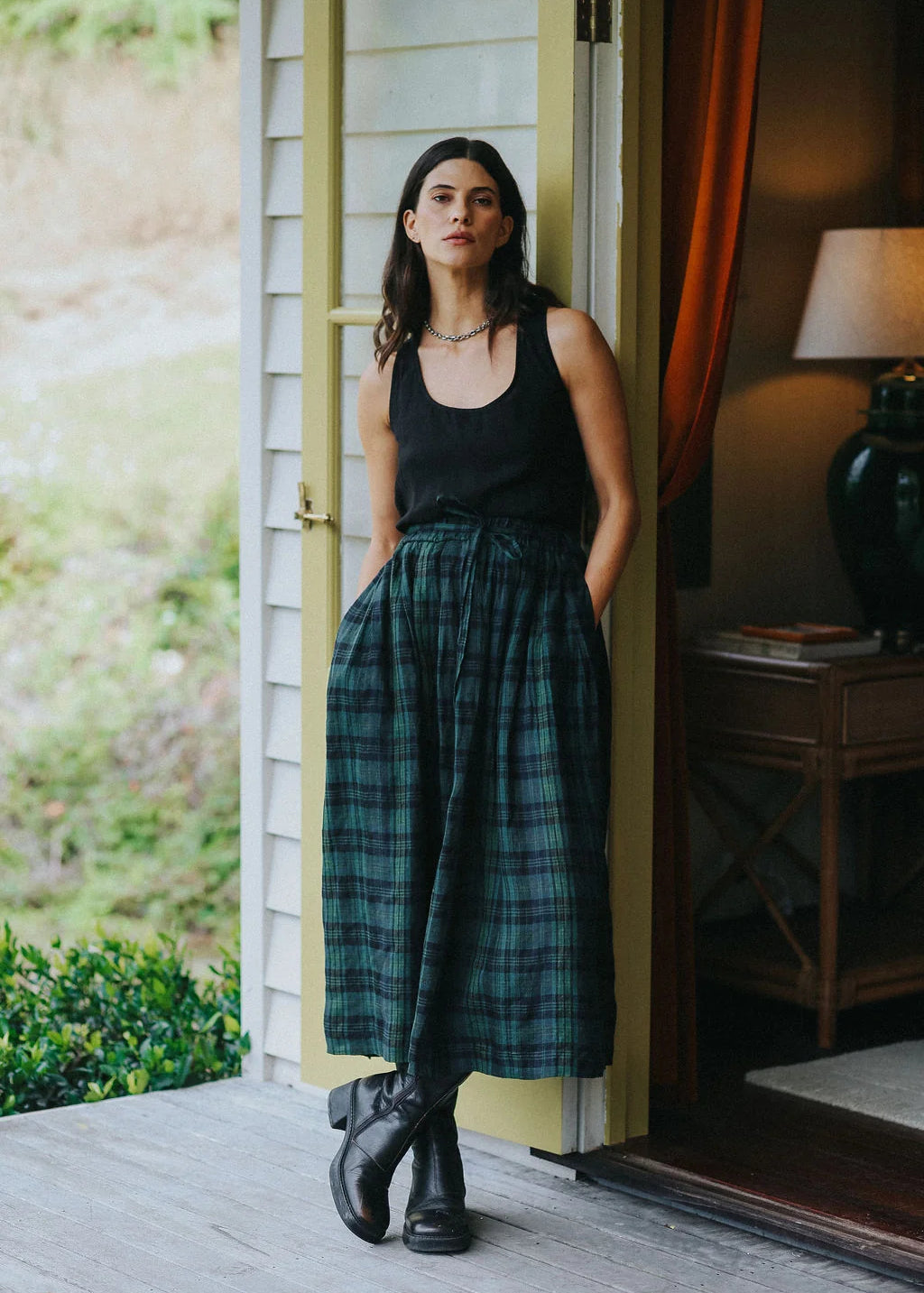 Montaigne Amelie Linen Skirt in Green & Black Plaid
