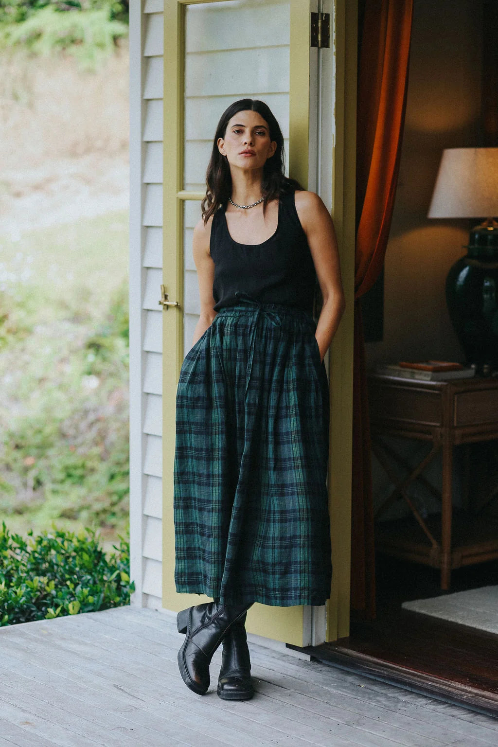 Montaigne Amelie Linen Skirt in Green & Black Plaid