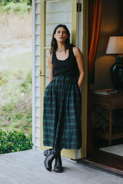 Montaigne Amelie Linen Skirt in Green & Black Plaid