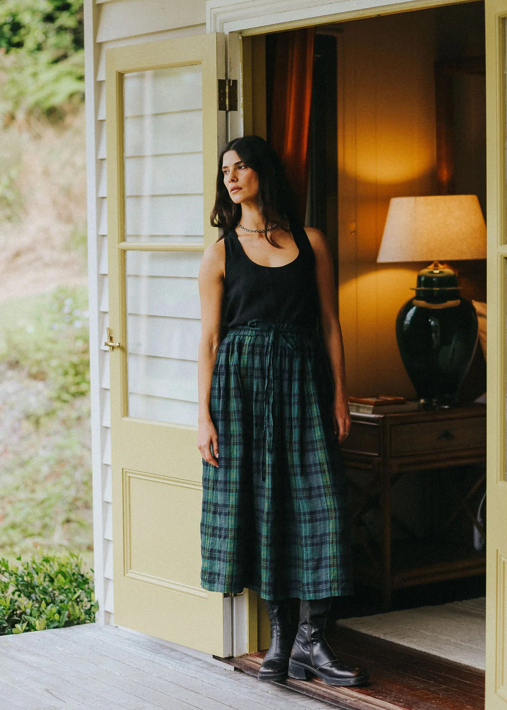 montaigne-amelie-linen-skirt-green-and-black-plaid1.webp