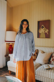 Carmen Linen Top- Fine Blue Stripe