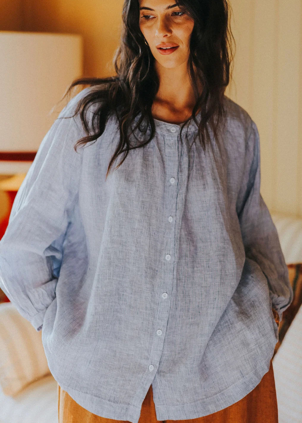 Montaigne Carmen Linen Top in Fine Blue Stripe