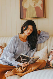 Carmen Linen Top- Fine Blue Stripe