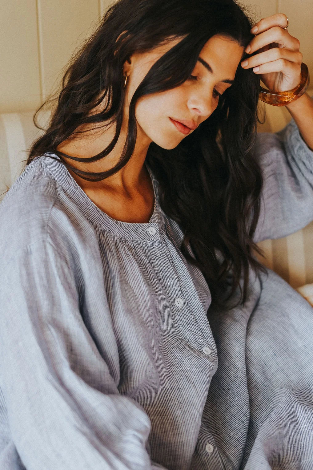 Carmen Linen Top- Fine Blue Stripe