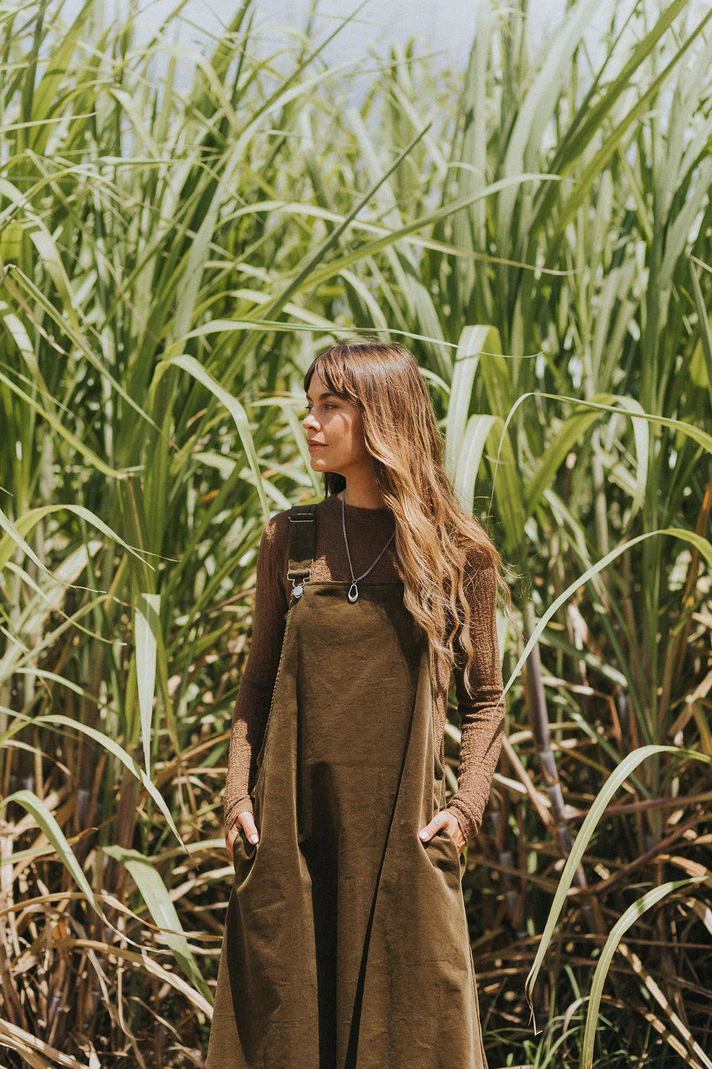 Corduroy Midi Overall Dress- Olive