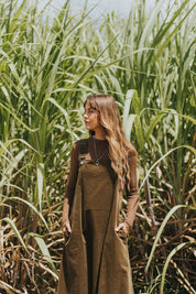 Corduroy Midi Overall Dress- Olive