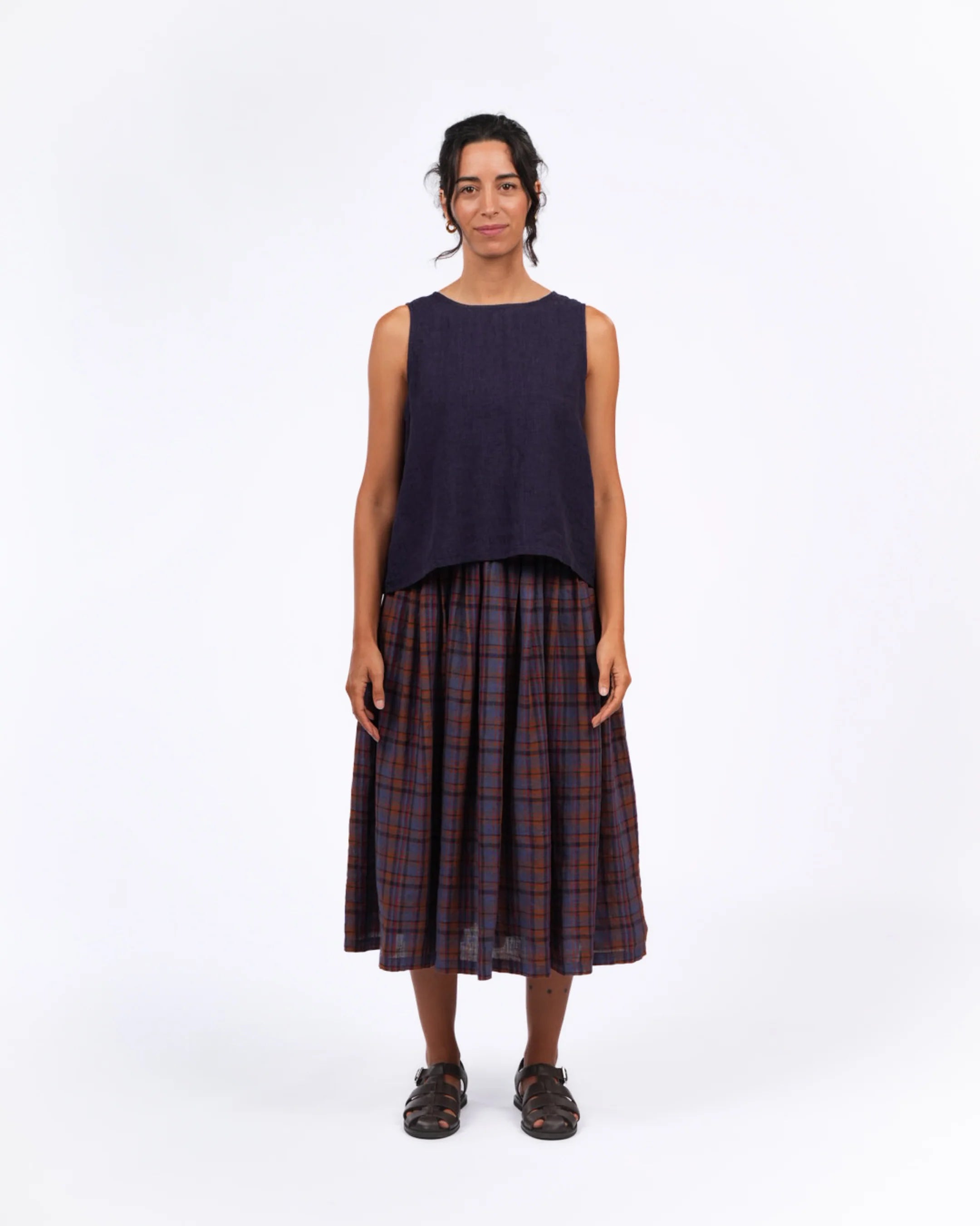 Montaigne Elke French Linen Skirt in Blue Plaid