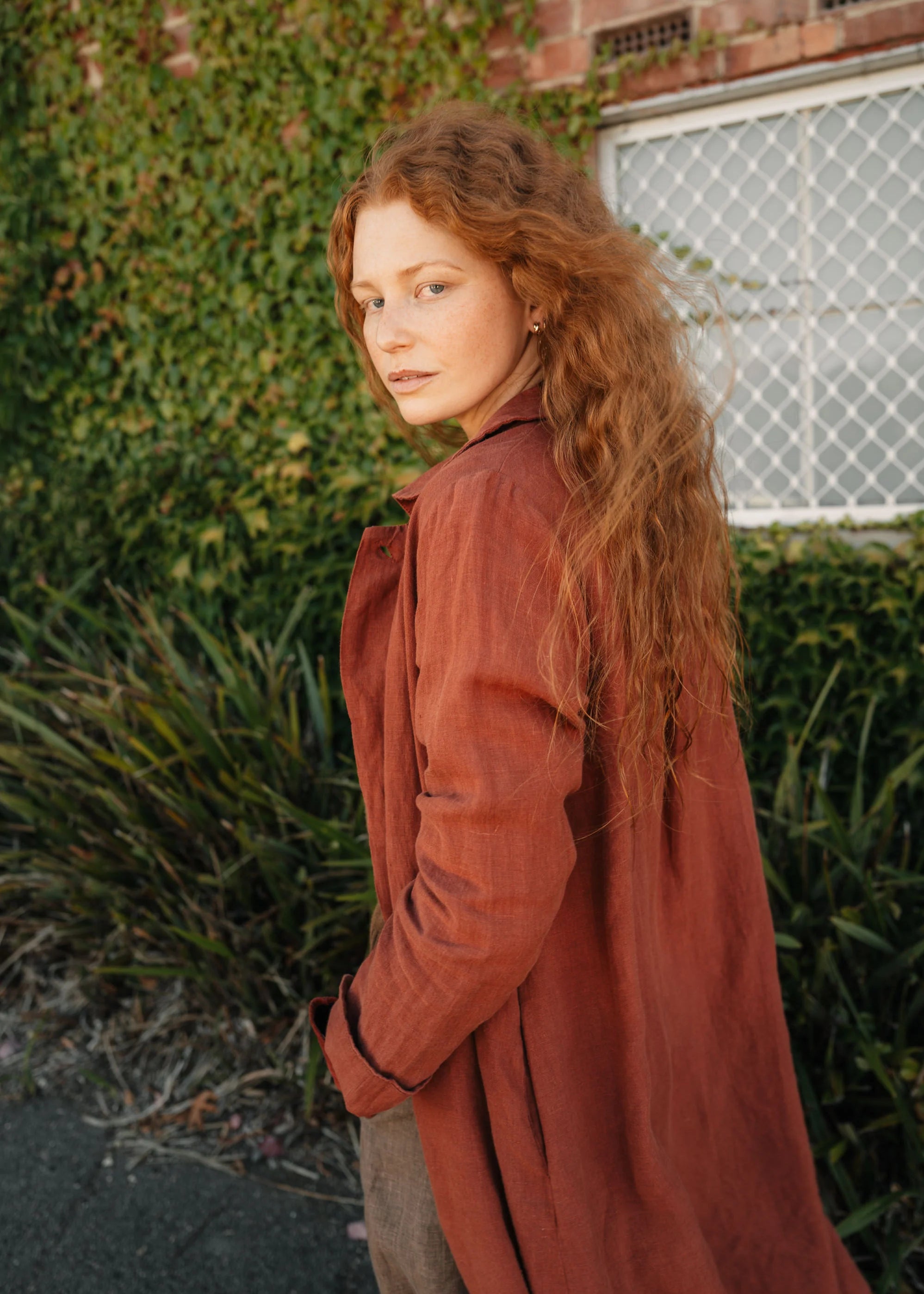 Montaigne French Linen Button Through Jacket with Peter Pan Collar in Burnt Sienna