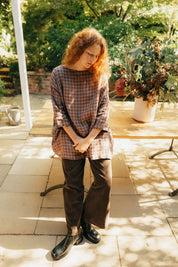 Montaigne French Linen Tunic Top in Red Check