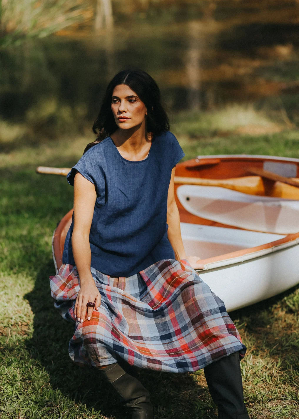 Montaigne Mirella Cap Sleeve Linen Top in Indigo