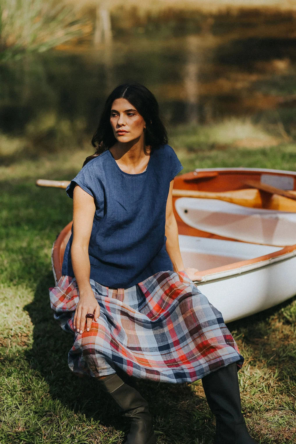 Montaigne Mirella Cap Sleeve Linen Top in Indigo