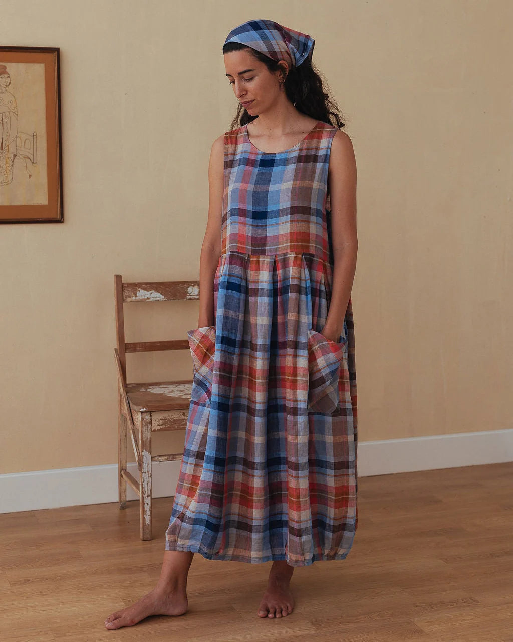 Sartene Linen Dress- Multi Check