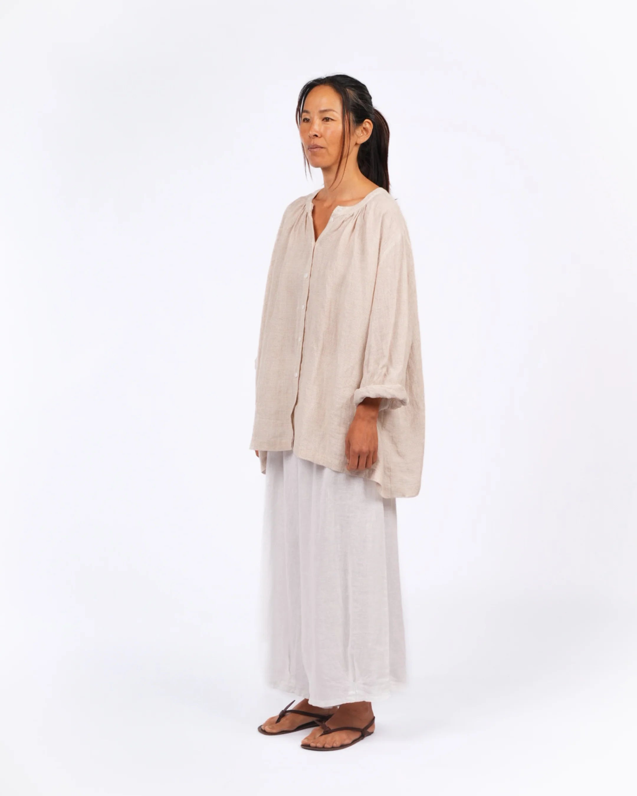 Montaigne Carmen Linen Top in Fine Houndstooth Natural