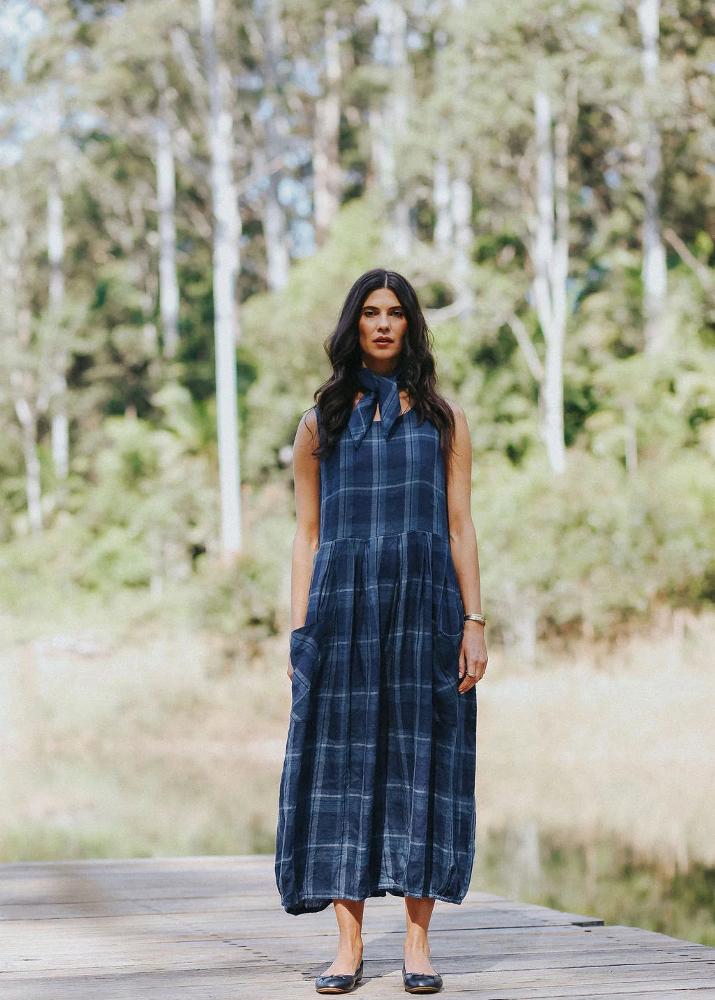 Montaigne Sartene Blue Check Linen Dress