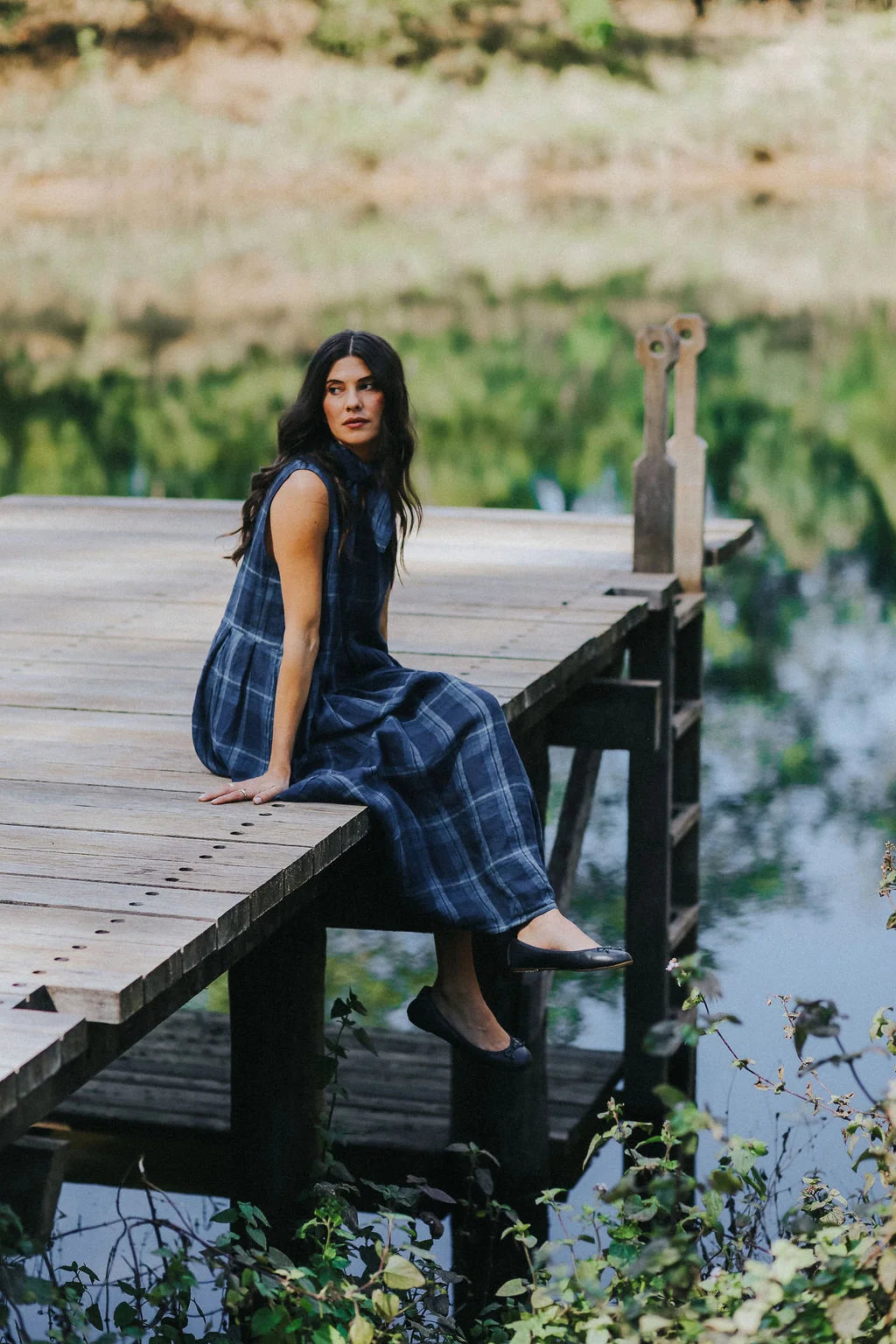 Sartene Linen Dress- Blue Check