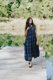 Sartene Linen Dress- Blue Check